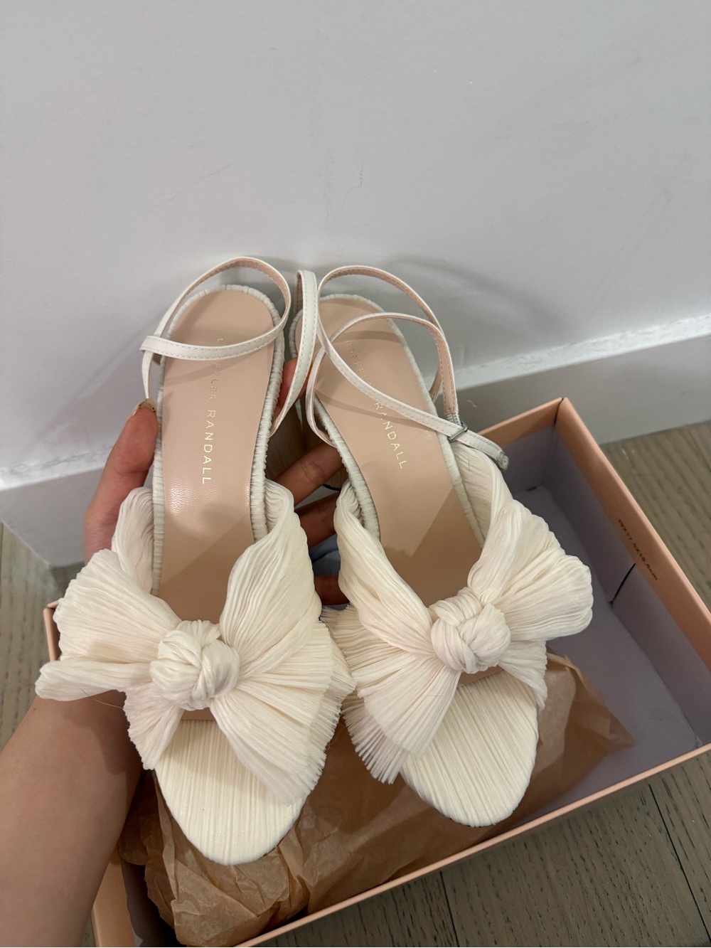 Loeffler Randall Camellia pleated-bow sandal heels in Ivory (Vegan Pearl) Size 8 - Picture 2 of 4
